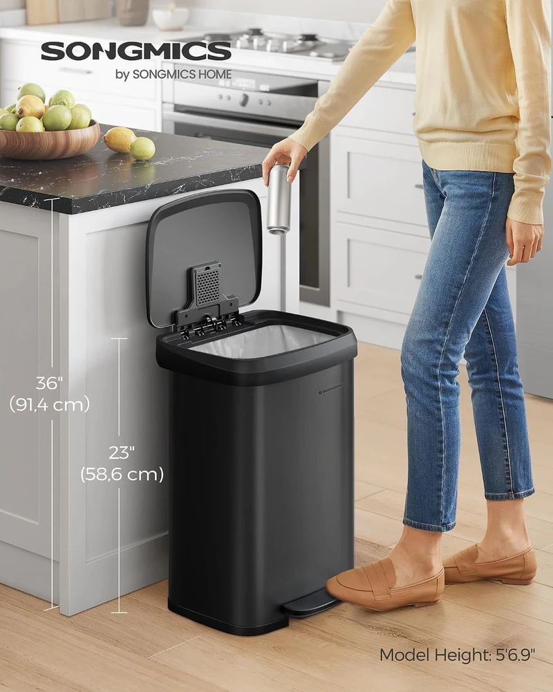 SONGMICS virtuvinė šiukšliadėžė su pedalu ir dangčiu, 50 l, juoda, B0C39RN858