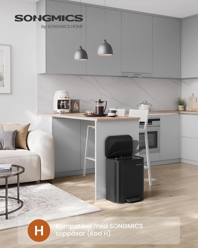 SONGMICS virtuvinė šiukšliadėžė su pedalu, 20 l, plieninė, juoda, stačiakampė