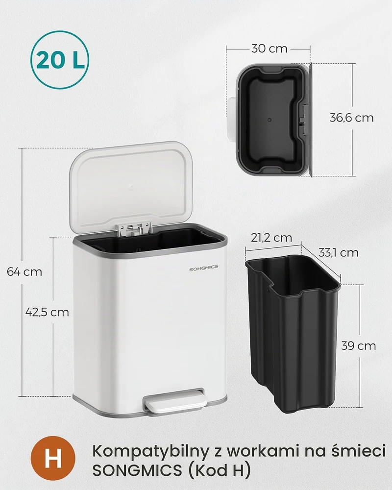 SONGMICS virtuvinė šiukšliadėžė su pedalu, 20 l, plieninė, balta