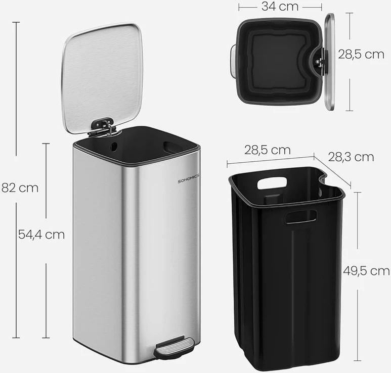 Songmics 30 litrų talpos plieninė šiukšliadėžė metallic sidabrinis