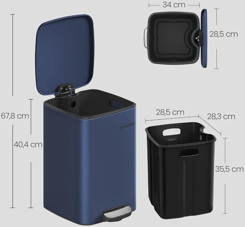 Songmics 20 litrų plieninė šiukšlių dėžė vidurnakčio mėlyna