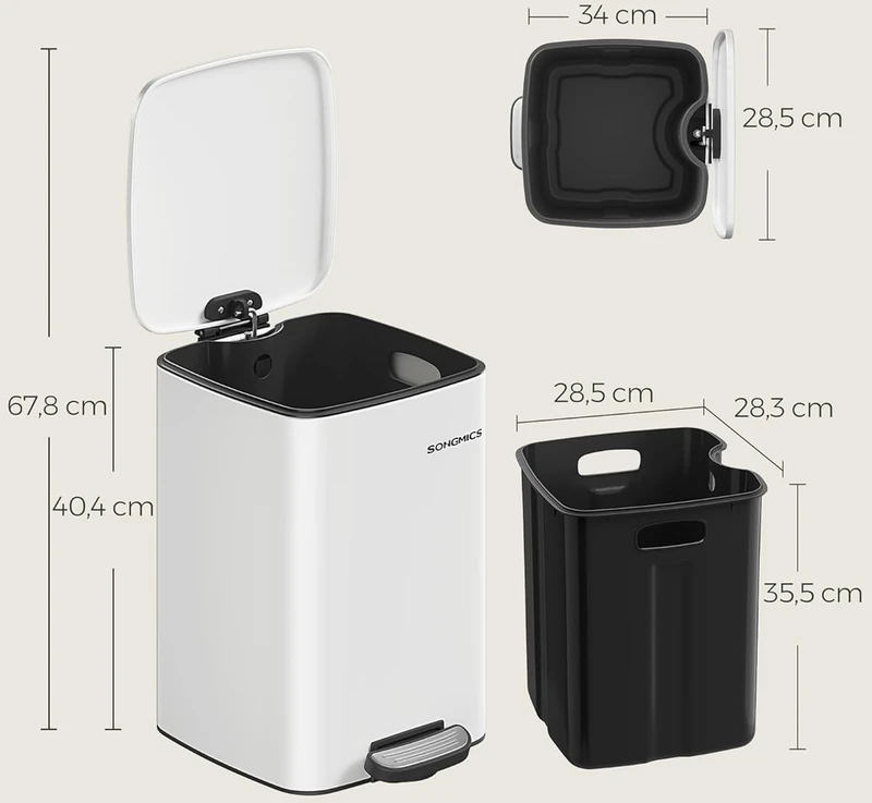 Songmics 20 litrų plieninė šiukšliadėžė debesų baltumo