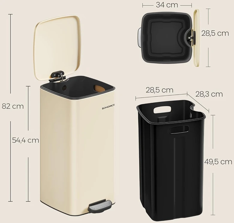SONGMICS virtuvinis atliekų konteineris su pedalu, 30 l, vidinis kibiras, nerūdijančio plieno, švelnus uždarymas, smėlio spalvos, LTB593A02
