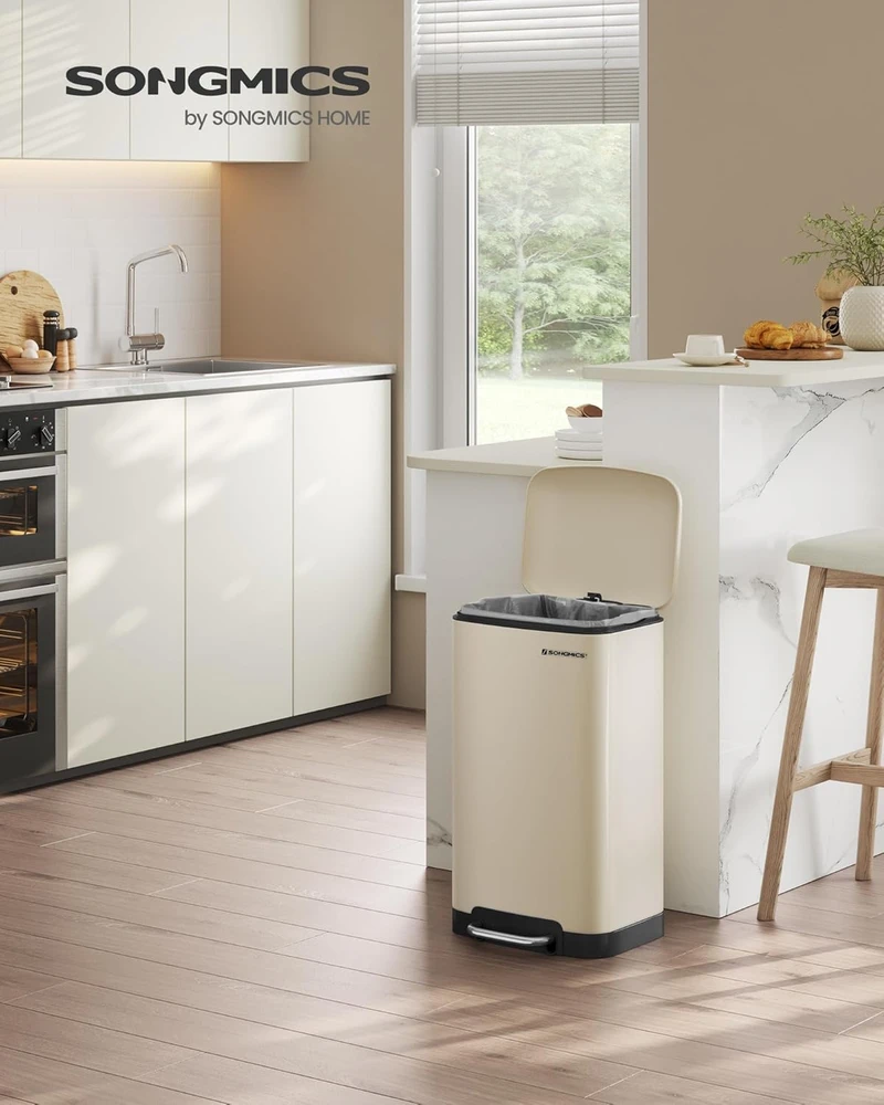 SONGMICS virtuvinis šiukšlių kibiras 30 l su pedalu, plieno, švelniu uždarymu, baltas LTB001A01