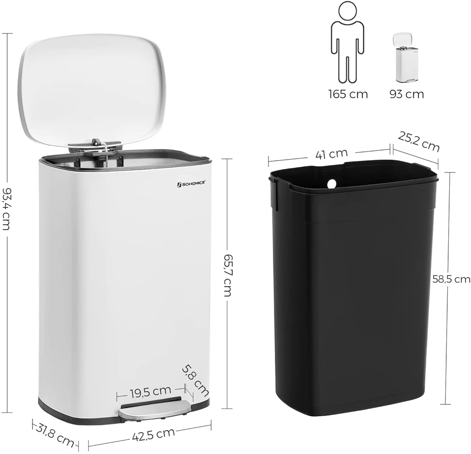 SONGMICS virtuvinis šiukšlių kibiras su pedalu, 50 l, plieno, vidinis plastikinis indas, baltas, LTB101W01