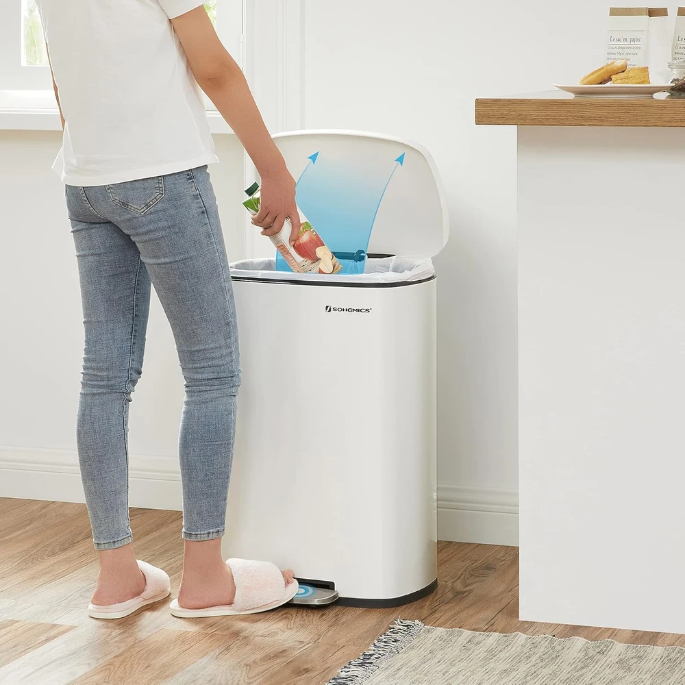 SONGMICS virtuvinis šiukšlių kibiras su pedalu, 50 l, plieno, vidinis plastikinis indas, baltas, LTB101W01