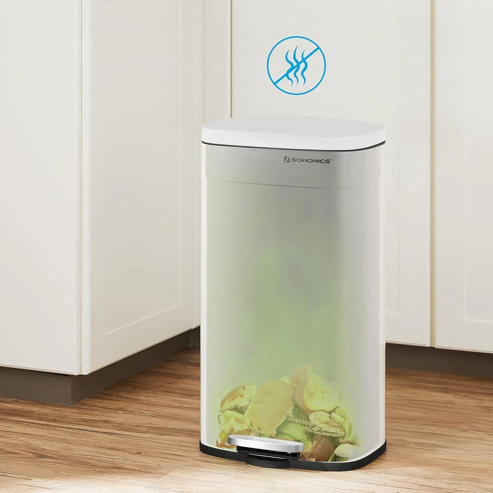 SONGMICS virtuvinis šiukšlių kibiras su pedalu, 50 l, plieno, vidinis plastikinis indas, baltas, LTB101W01