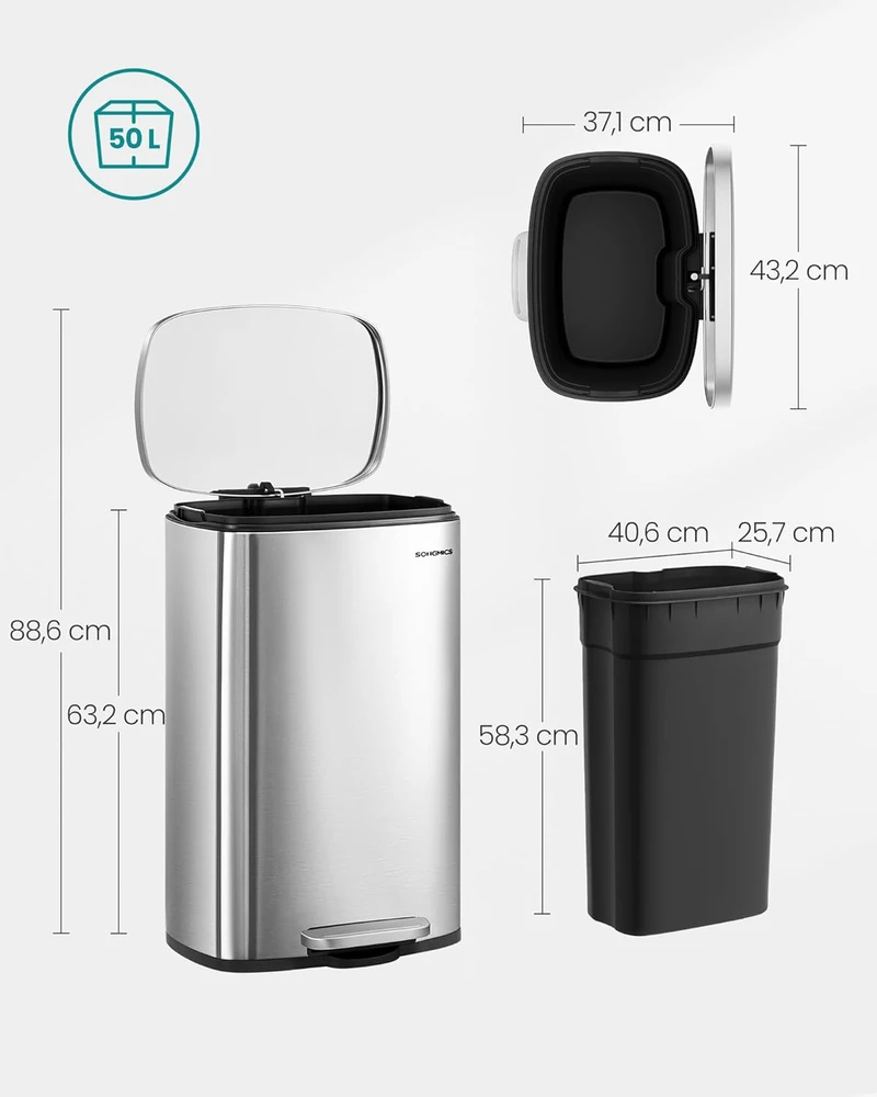 SONGMICS virtuvinis šiukšlių konteineris, 50 l, pedalas, švelnus uždarymas, plienas, LTB050E01