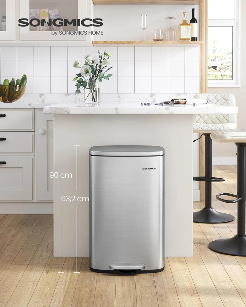 SONGMICS virtuvinis šiukšlių konteineris, 50 l, pedalas, švelnus uždarymas, plienas, LTB050E01