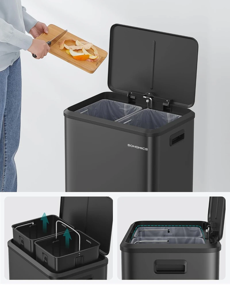 Songmics Atliekų rūšiavimo sistema 2 x 15 l rašalo juodos spalvos