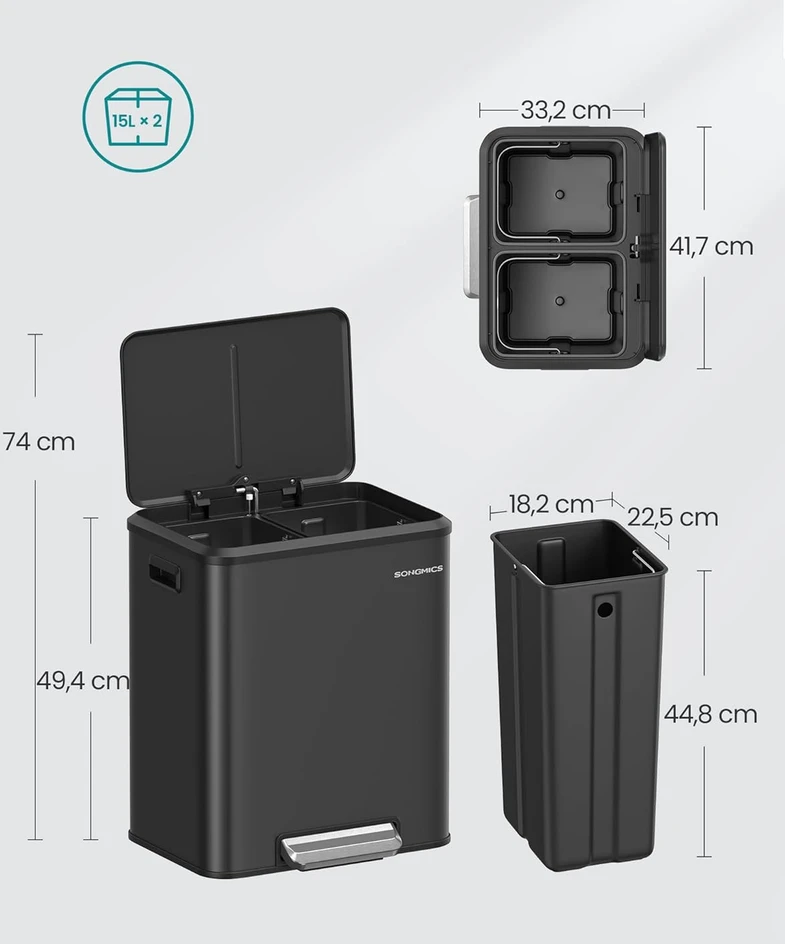 Songmics Atliekų rūšiavimo sistema 2 x 15 l rašalo juodos spalvos