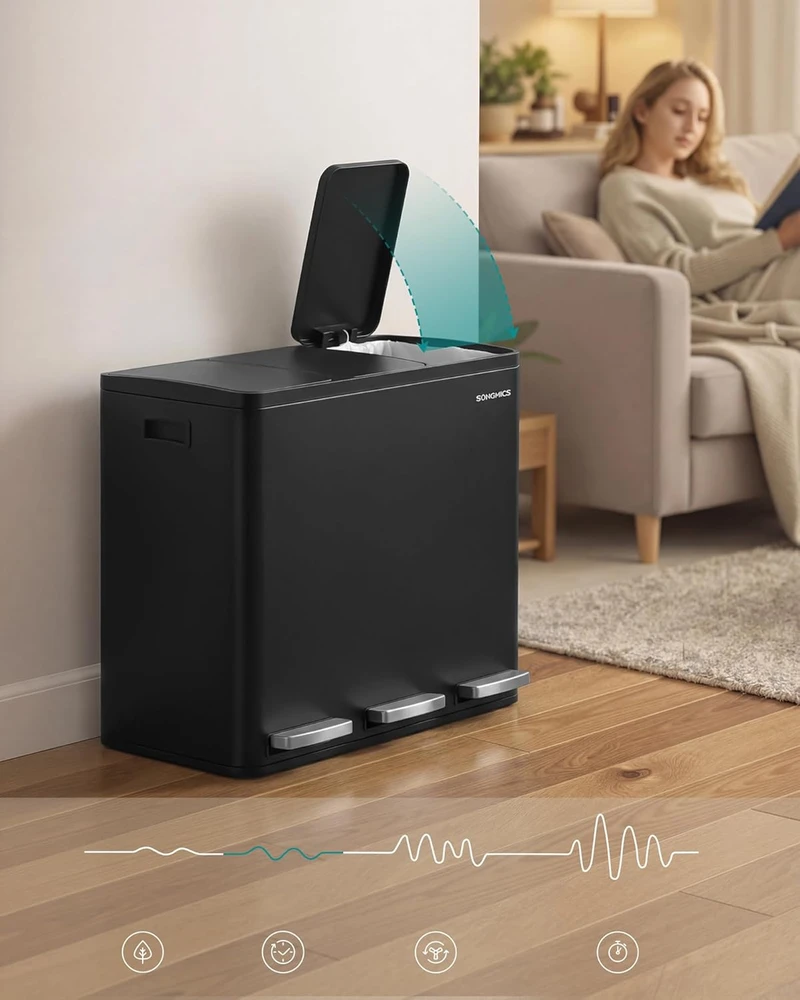 SONGMICS virtuvinis šiukšlių rūšiavimo konteineris su 3 skyriais, nerūdijančio plieno, 3 x 18 l, su pedalais