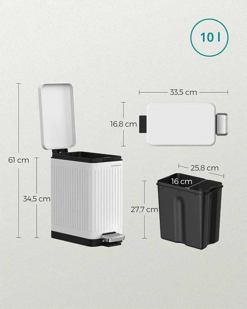 SONGMICS vonios kambario šiukšliadėžė su pedalu ir tylaus užsidarymo dangčiu, 10 l, LTB562W01