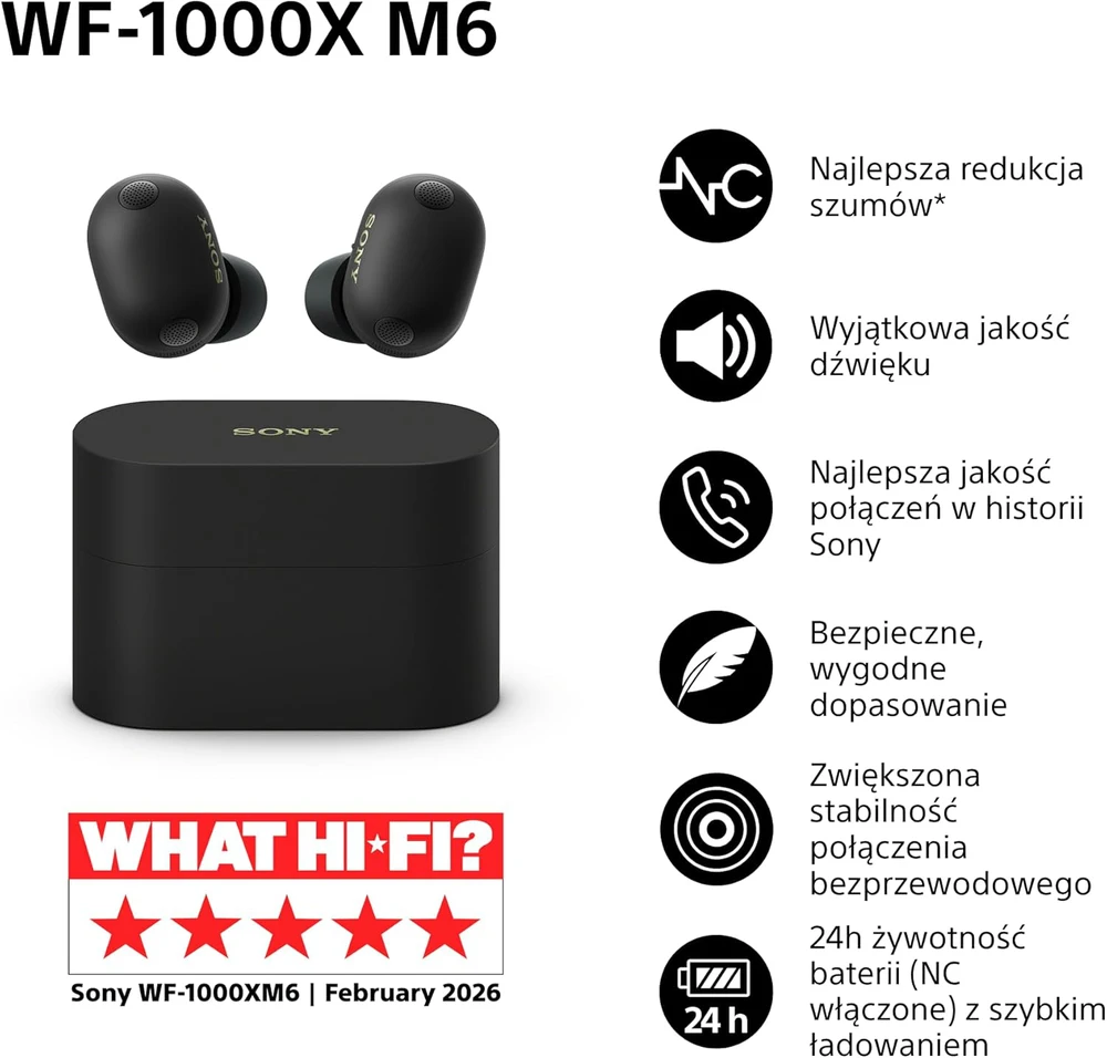 Sony belaidės ausinės su aktyvia triukšmo slopinimo funkcija, Bluetooth, IPX4, WF-1000XM6B.CE7