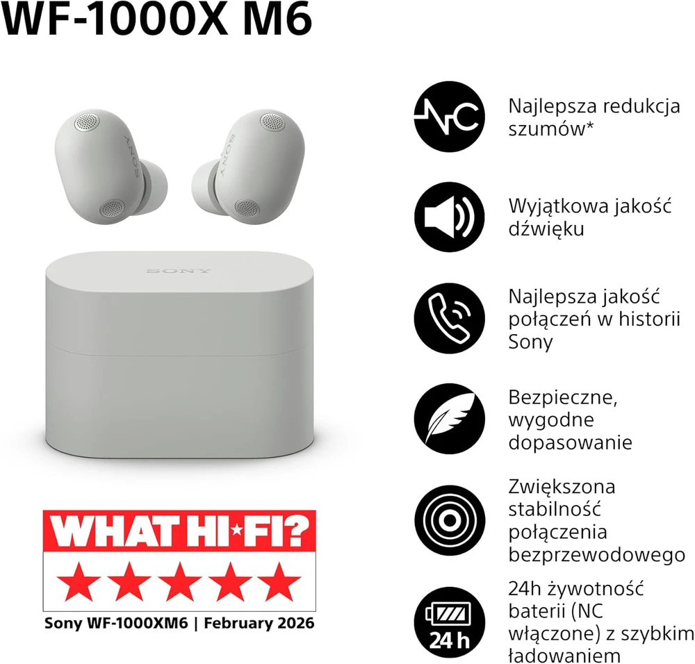 Sony WF-1000XM6 ausinės su techninių savybių simboliais
