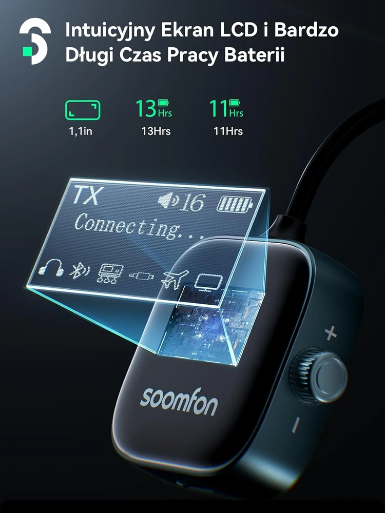 SOOMFON Bluetooth 5.3 garso siųstuvas-imtuvas su LCD ekranu, 3,5 mm AUX, BT34-BN1