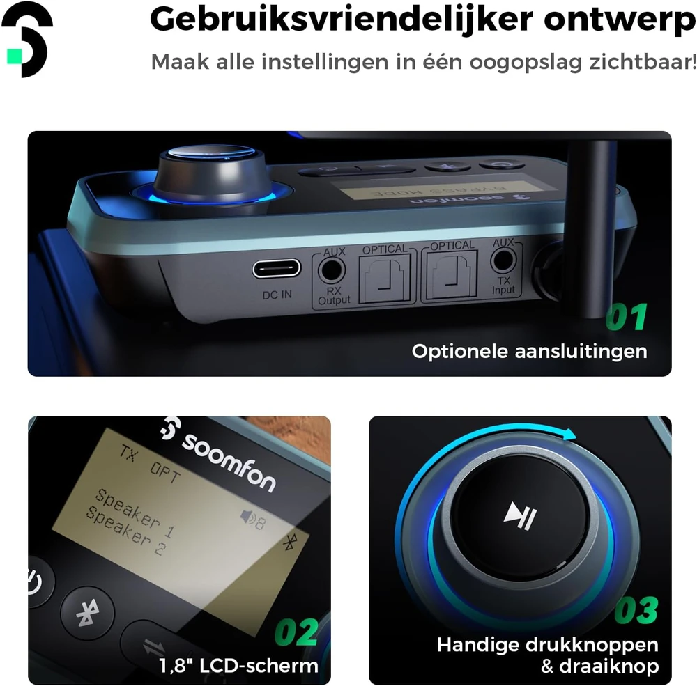 SOOMFON Bluetooth garso siųstuvas-imtuvas 3 viename, Bluetooth 5.0, LCD ekranas, BT17