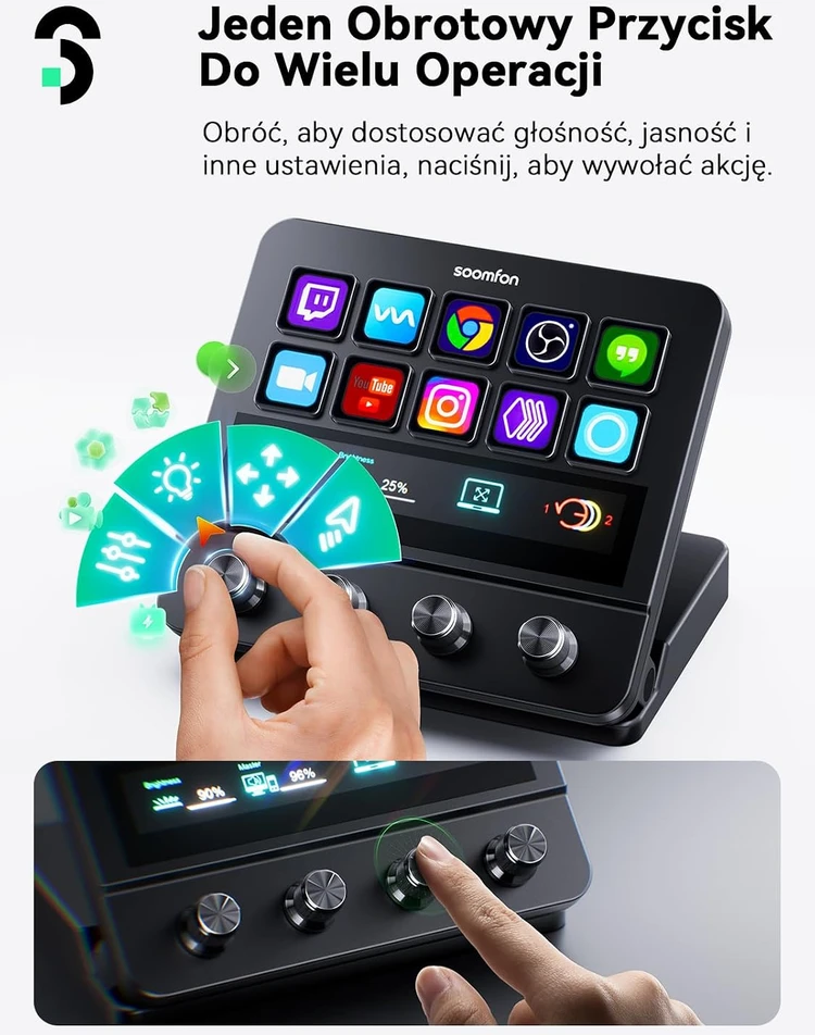 SOOMFON srautinio valdymo pultas, 10 LCD makro klavišų, jutiklinis ekranas, 4 rankenėlės CN003