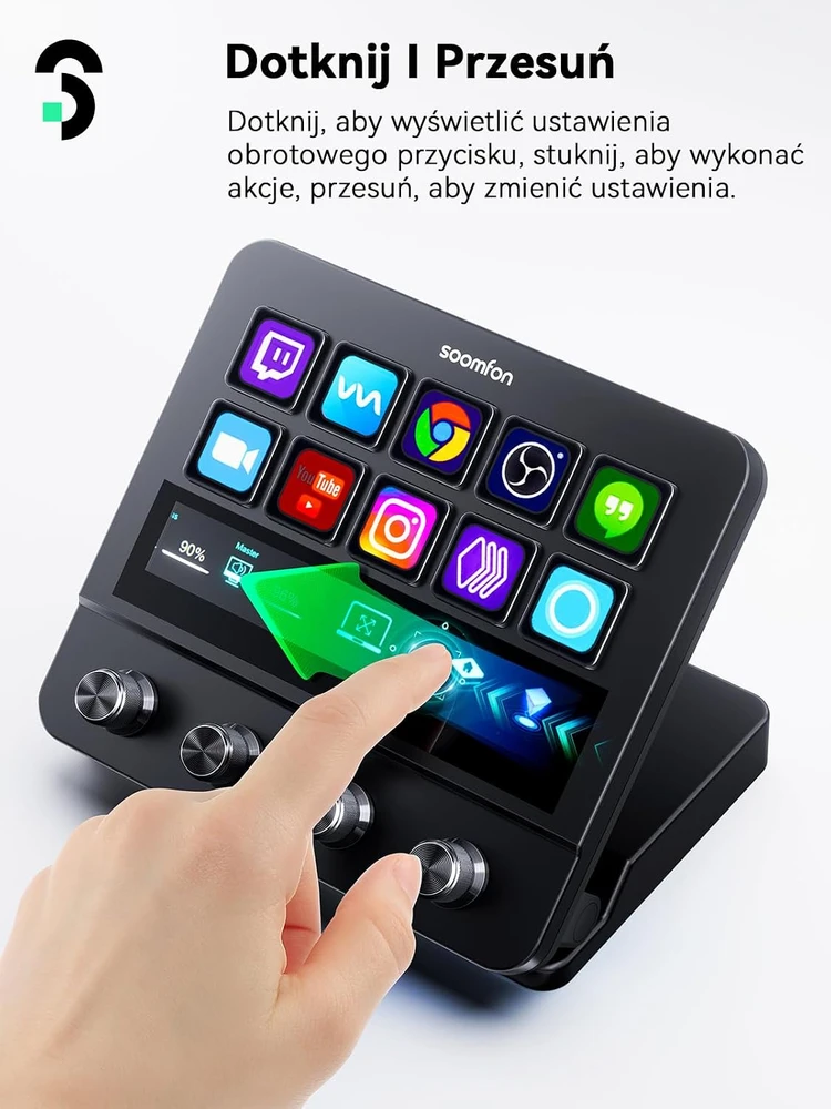 SOOMFON srautinio valdymo pultas, 10 LCD makro klavišų, jutiklinis ekranas, 4 rankenėlės CN003