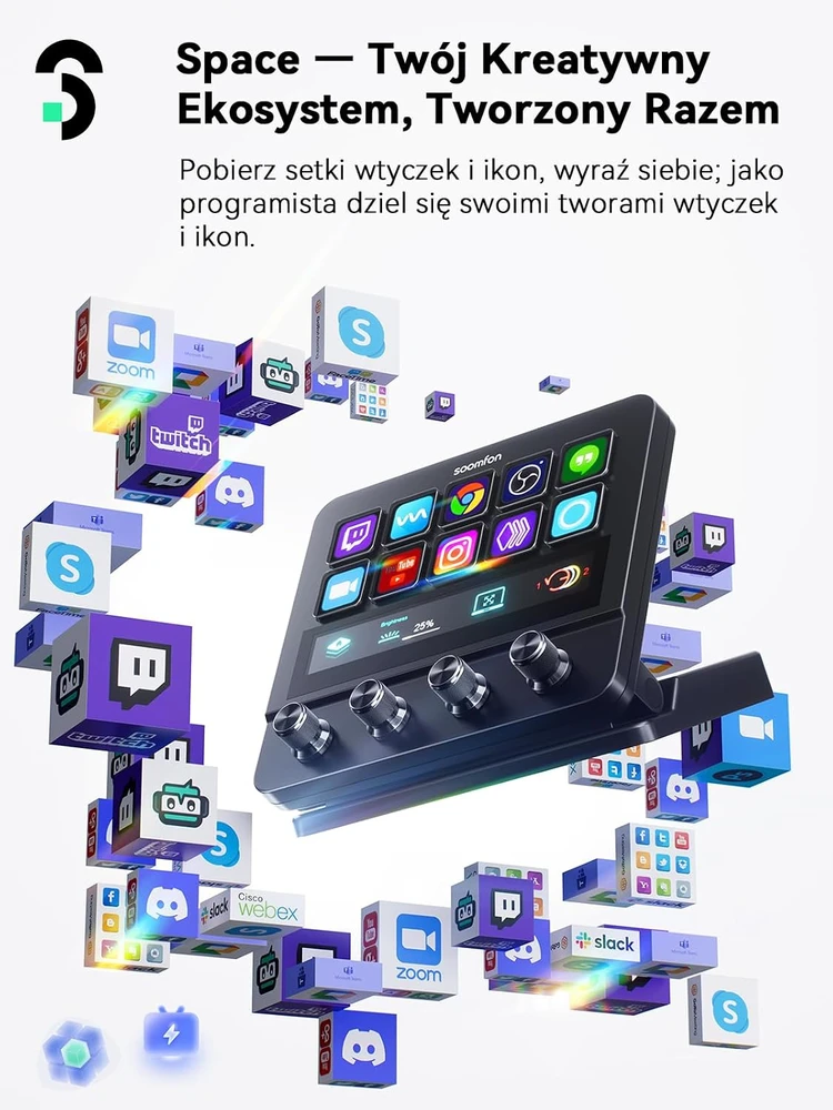 SOOMFON srautinio valdymo pultas, 10 LCD makro klavišų, jutiklinis ekranas, 4 rankenėlės CN003
