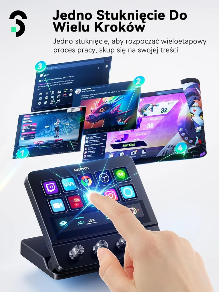 SOOMFON srautinio valdymo pultas, 10 LCD makro klavišų, jutiklinis ekranas, 4 rankenėlės CN003