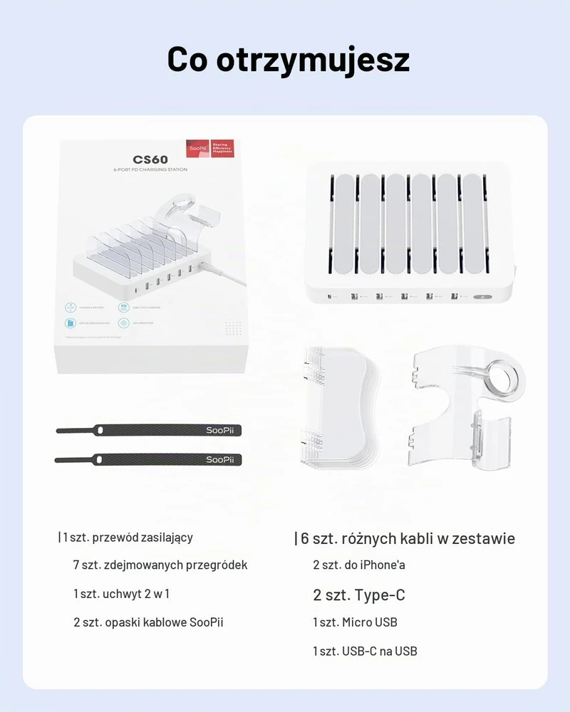 SOOPII 60 W įkrovimo stotelė su 6 prievadais ir USB-C PD 20 W, CS60