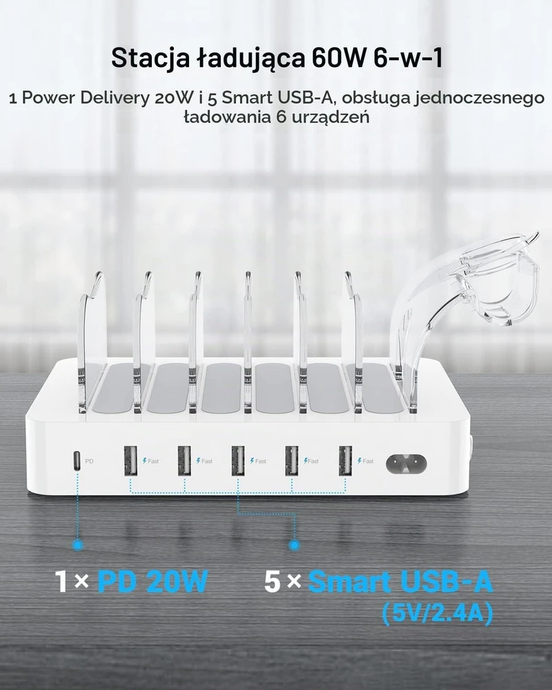 SOOPII 60 W įkrovimo stotelė su 6 prievadais ir USB-C PD 20 W, CS60