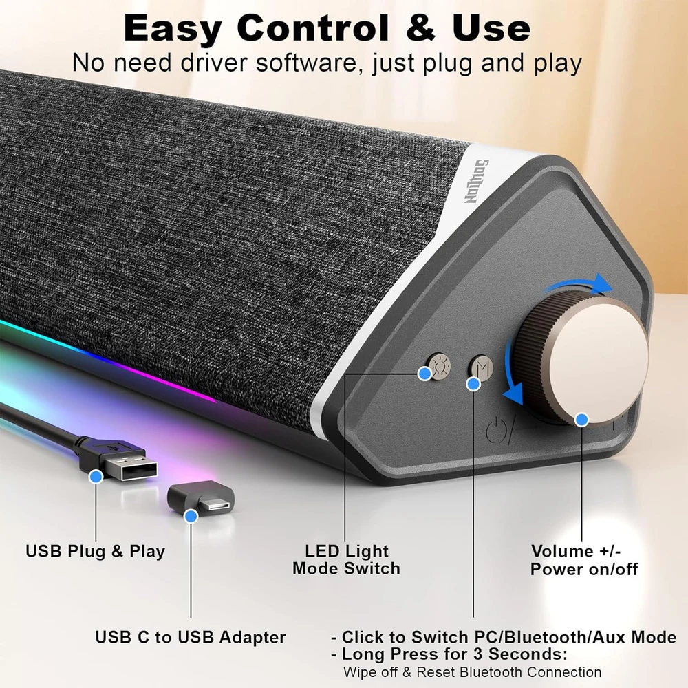 Namų kino sistema SOULION garso juosta kompiuteriui R60, USB ir Bluetooth, LED apšvietimas, 3,5 mm jungtis, 12 W