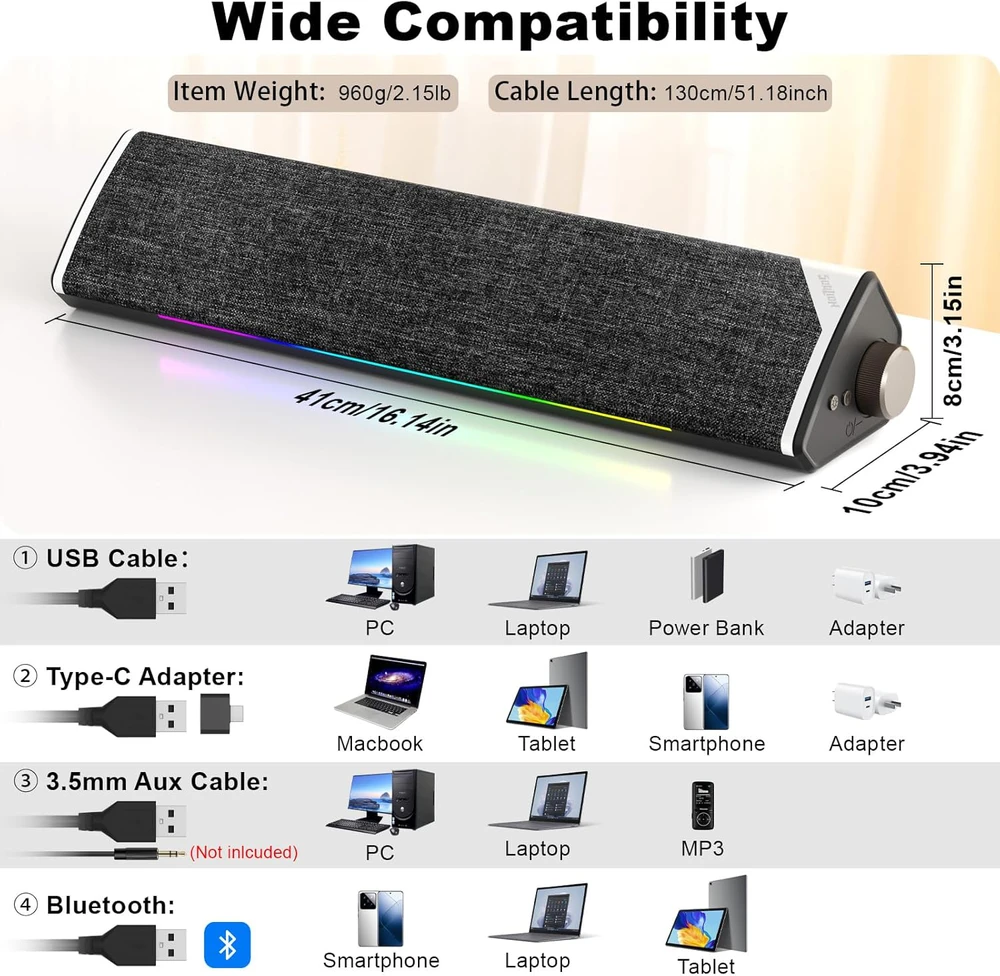 Namų kino sistema SOULION garso juosta kompiuteriui R60, USB ir Bluetooth, LED apšvietimas, 3,5 mm jungtis, 12 W