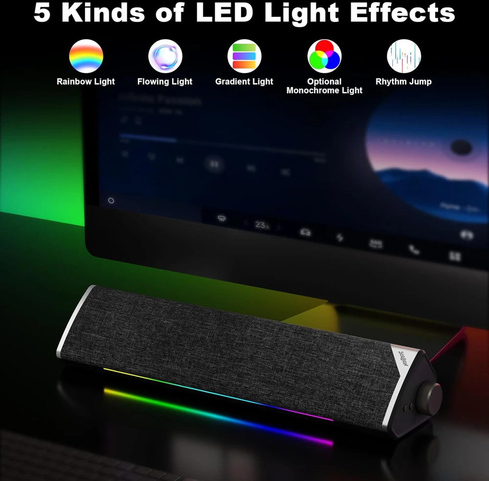 Namų kino sistema SOULION garso juosta kompiuteriui R60, USB ir Bluetooth, LED apšvietimas, 3,5 mm jungtis, 12 W
