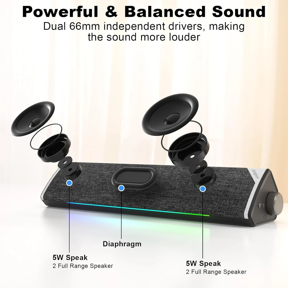 Namų kino sistema SOULION garso juosta kompiuteriui R60, USB ir Bluetooth, LED apšvietimas, 3,5 mm jungtis, 12 W