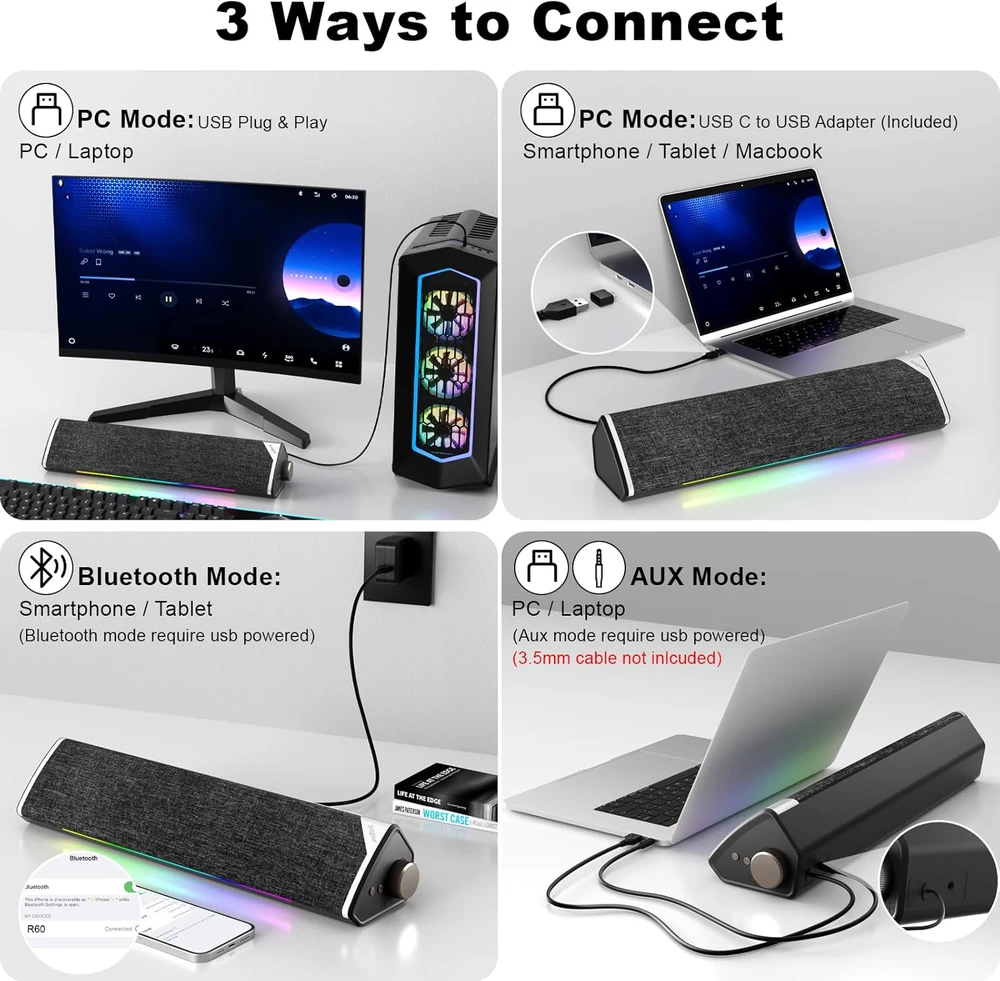 Namų kino sistema SOULION garso juosta kompiuteriui R60, USB ir Bluetooth, LED apšvietimas, 3,5 mm jungtis, 12 W