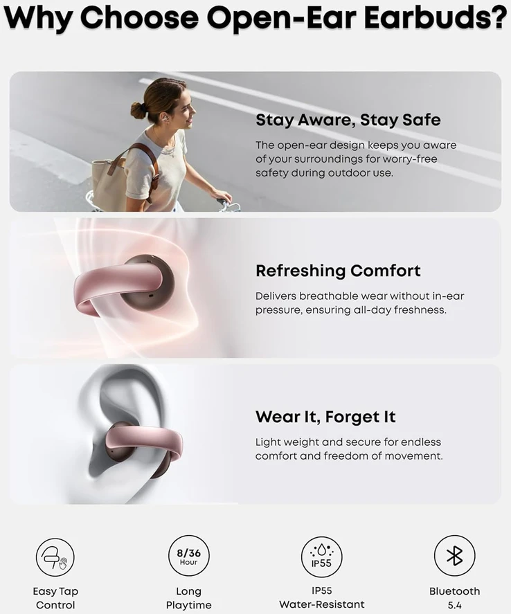 soundcore AeroClip belaidės atviros konstrukcijos ausinės su mikrofonu, Bluetooth 5.3, rožinės