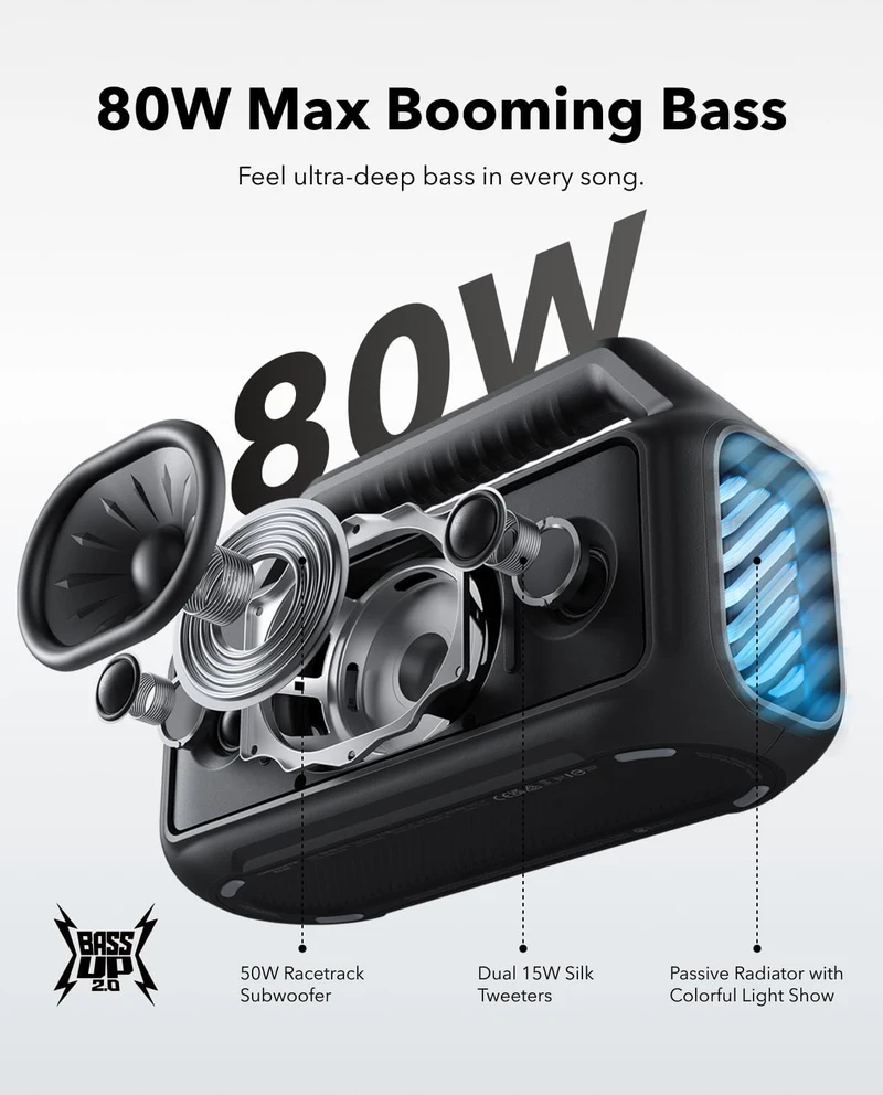 soundcore belaidė išorinė kolonėlė Boom 2, 80W, subuferis, BassUp 2.0, Bluetooth 5.3, IPX7