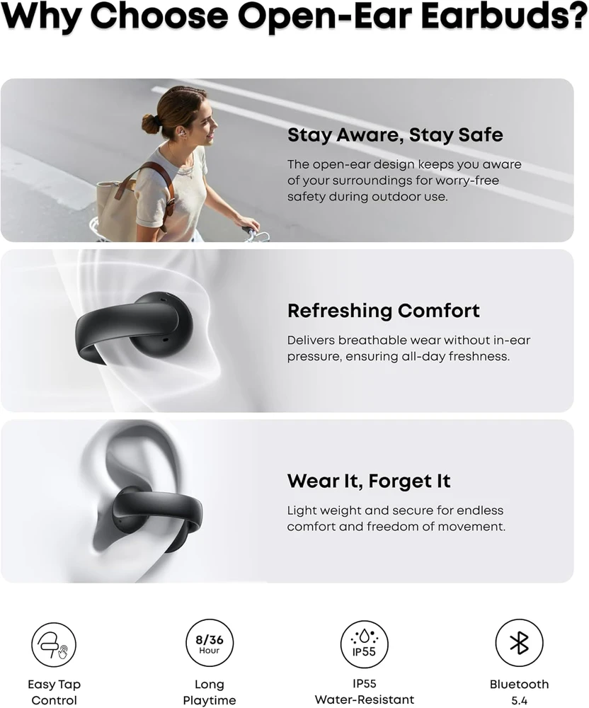 soundcore belaidės atviros ausų ausinės su 4 mikrofonais, Bluetooth 5.0, ANC, 12 mm garsiakalbis, A3388