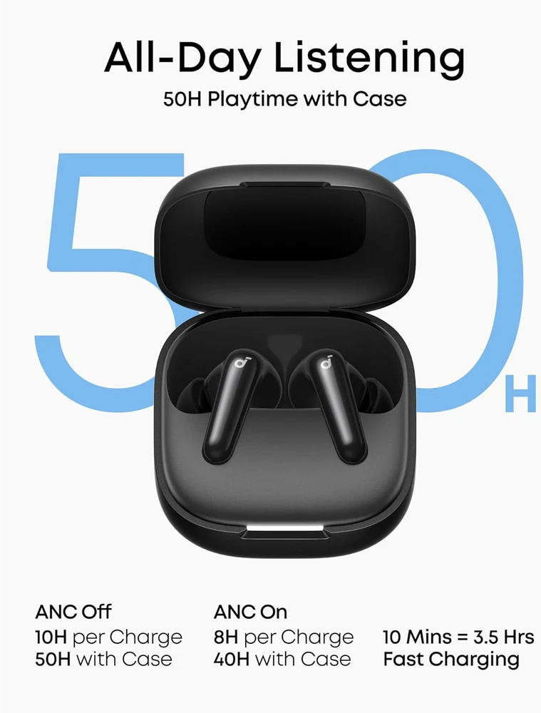 Soundcore belaidės ausinės su adaptacine triukšmo slopinimo sistema, Hi-Res garsu, Bluetooth, 54 val. baterija, D1202