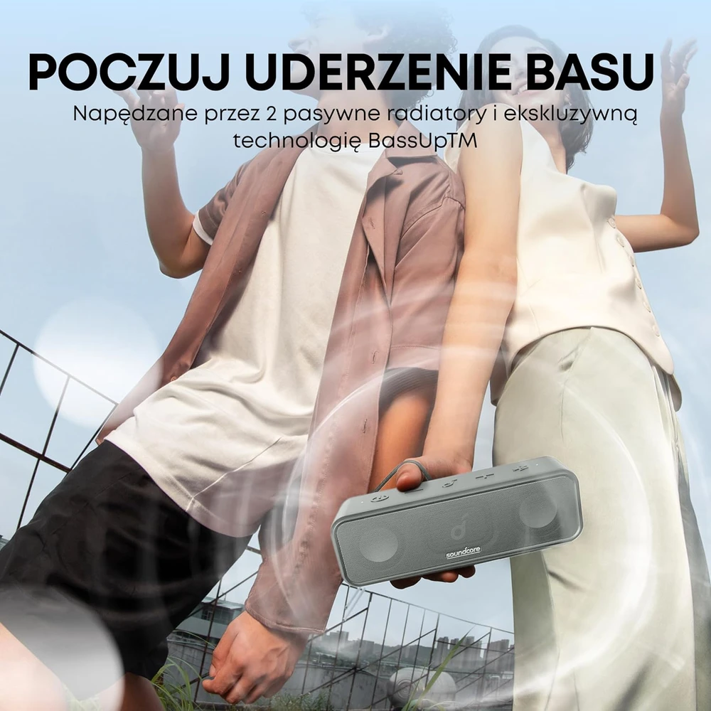 Soundcore nešiojama Bluetooth kolonėlė, stereo garsas, 16 W, 24 h veikimas, IPX7, pilka, A3117