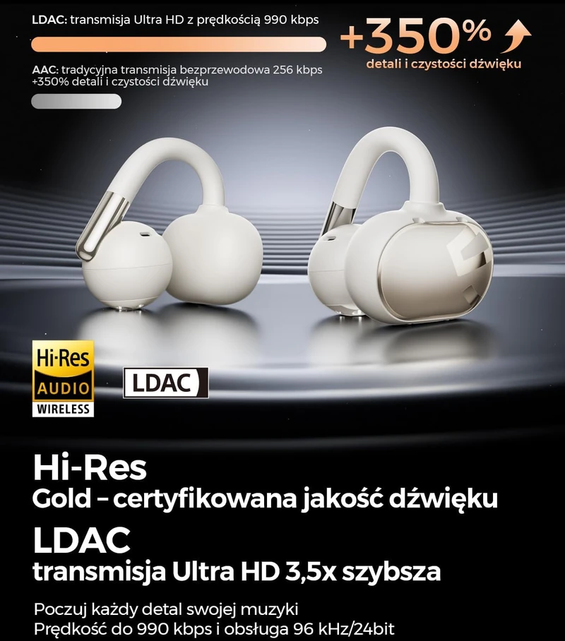 SoundPEATS atviro tipo belaidės ausinės su segtuku Bluetooth 5.4 LDAC Clip1, smėlio spalvos