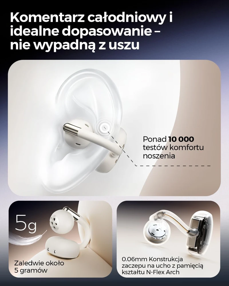SoundPEATS atviro tipo belaidės ausinės su segtuku Bluetooth 5.4 LDAC Clip1, smėlio spalvos