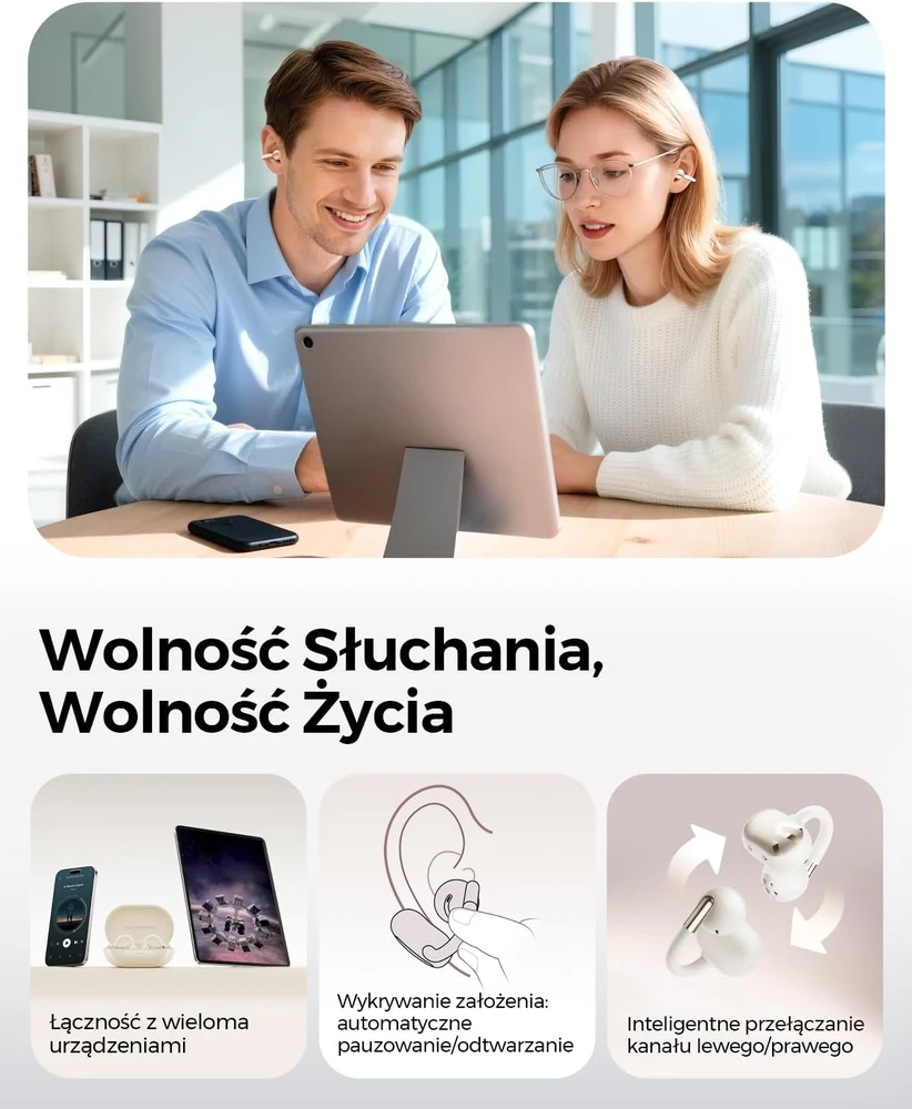 SoundPEATS atviro tipo belaidės ausinės su segtuku Bluetooth 5.4 LDAC Clip1, smėlio spalvos