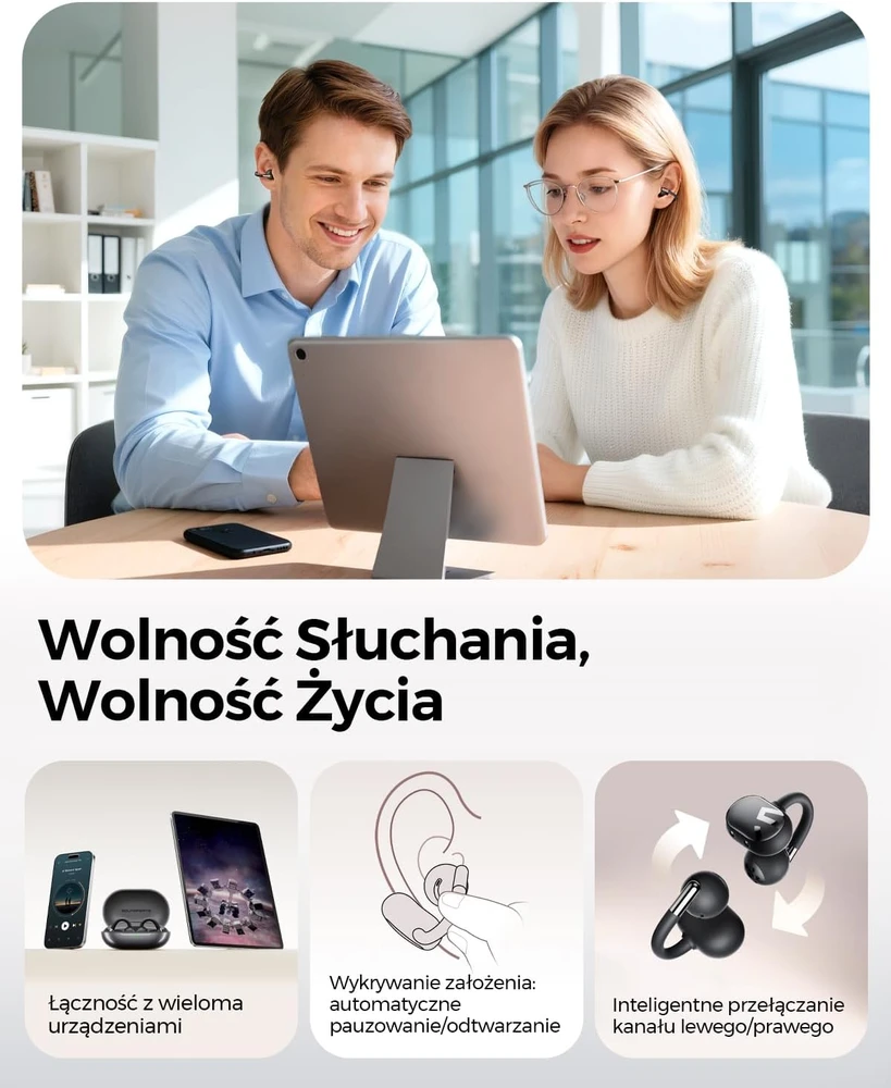 SOUNDPEATS atviros belaidės ausinės su spaustuku Bluetooth 5.4, LDAC, Dolby Audio Clip1