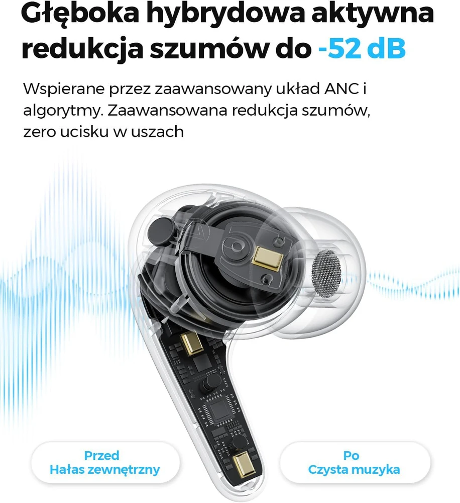 SoundPEATS belaidės ausinės ausims su ANC 52 dB, Bluetooth 6.0, Hi-Res, LDAC, 12 mm garsiakalbiais, 52 h veikimu, 6 mikrofonais, baltos, C30