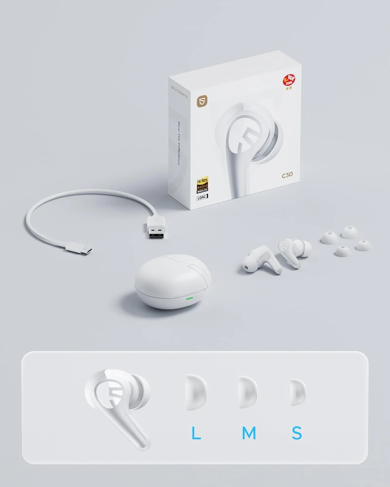 SoundPEATS belaidės ausinės ausims su ANC 52 dB, Bluetooth 6.0, Hi-Res, LDAC, 12 mm garsiakalbiais, 52 h veikimu, 6 mikrofonais, baltos, C30