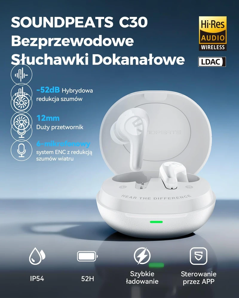 SoundPEATS belaidės ausinės ausims su ANC 52 dB, Bluetooth 6.0, Hi-Res, LDAC, 12 mm garsiakalbiais, 52 h veikimu, 6 mikrofonais, baltos, C30