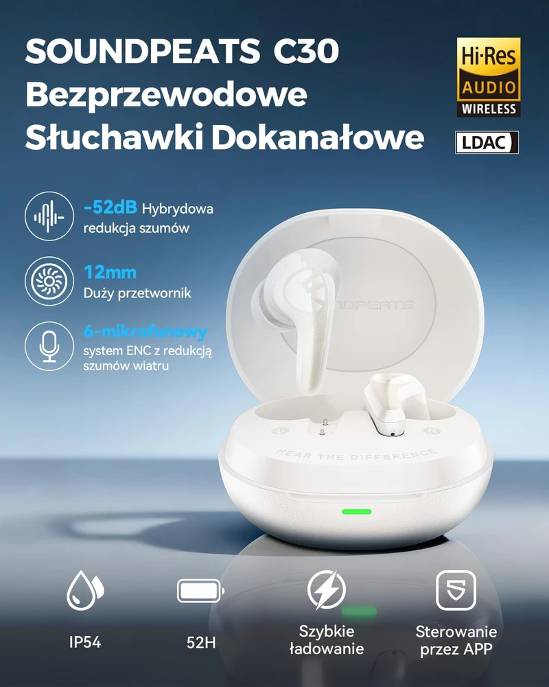SoundPEATS belaidės ausinės su ANC 52 dB, Hi-Res LDAC, Bluetooth 6.0, C30 modelis