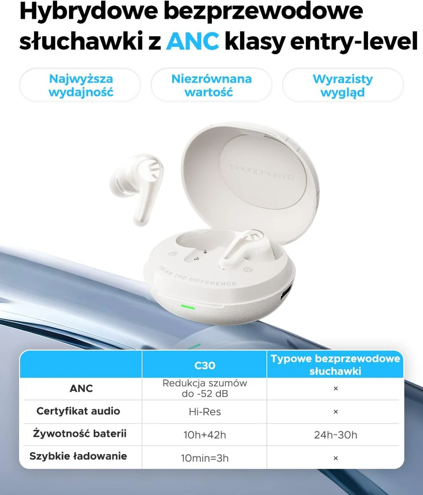 SoundPEATS belaidės ausinės su ANC 52 dB, Hi-Res LDAC, Bluetooth 6.0, C30 modelis
