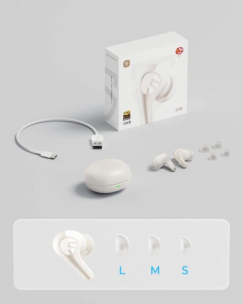 SoundPEATS belaidės ausinės su ANC 52 dB, Hi-Res LDAC, Bluetooth 6.0, C30 modelis