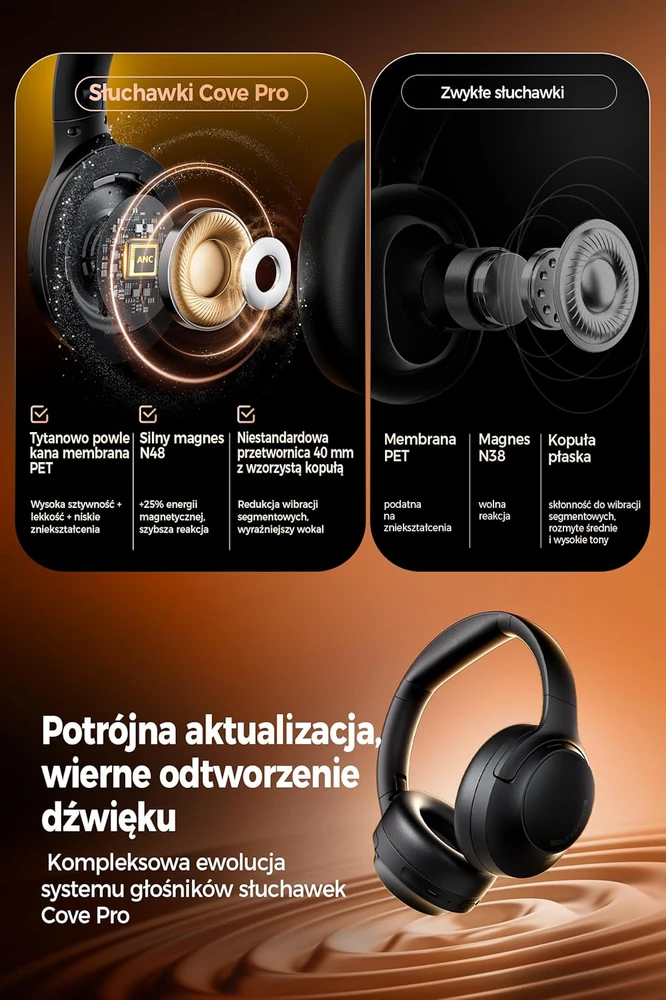 SoundPEATS belaidės ausinės su ANC, 7 mikrofonais, Hi-Res LDAC, Bluetooth 6.0, 95h veikimo, Cove Pro