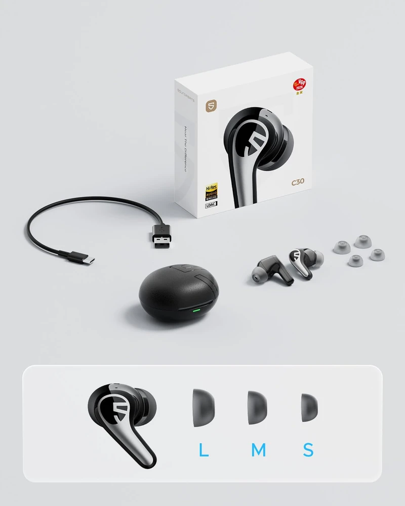 SoundPEATS belaidės ausinės su Bluetooth 6.0, ANC iki 52 dB, 12 mm garsiakalbiais, Hi-Res Audio, C30
