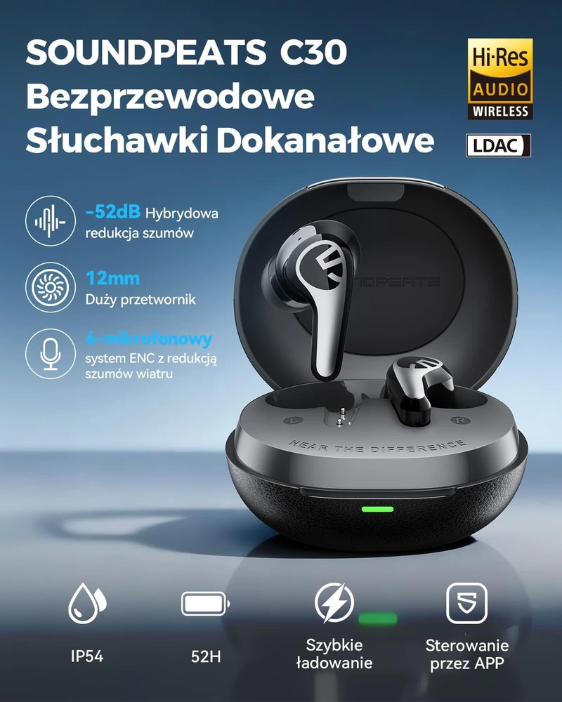 SoundPEATS belaidės ausinės su Bluetooth 6.0, ANC iki 52 dB, 12 mm garsiakalbiais, Hi-Res Audio, C30